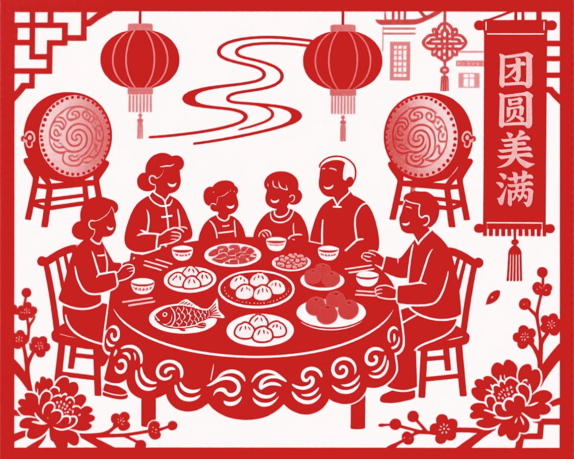 A scene of a family reunion dinner table, where red and gold decorations shimmer in the evening light, with drums echoing between the surrounding buildings.
