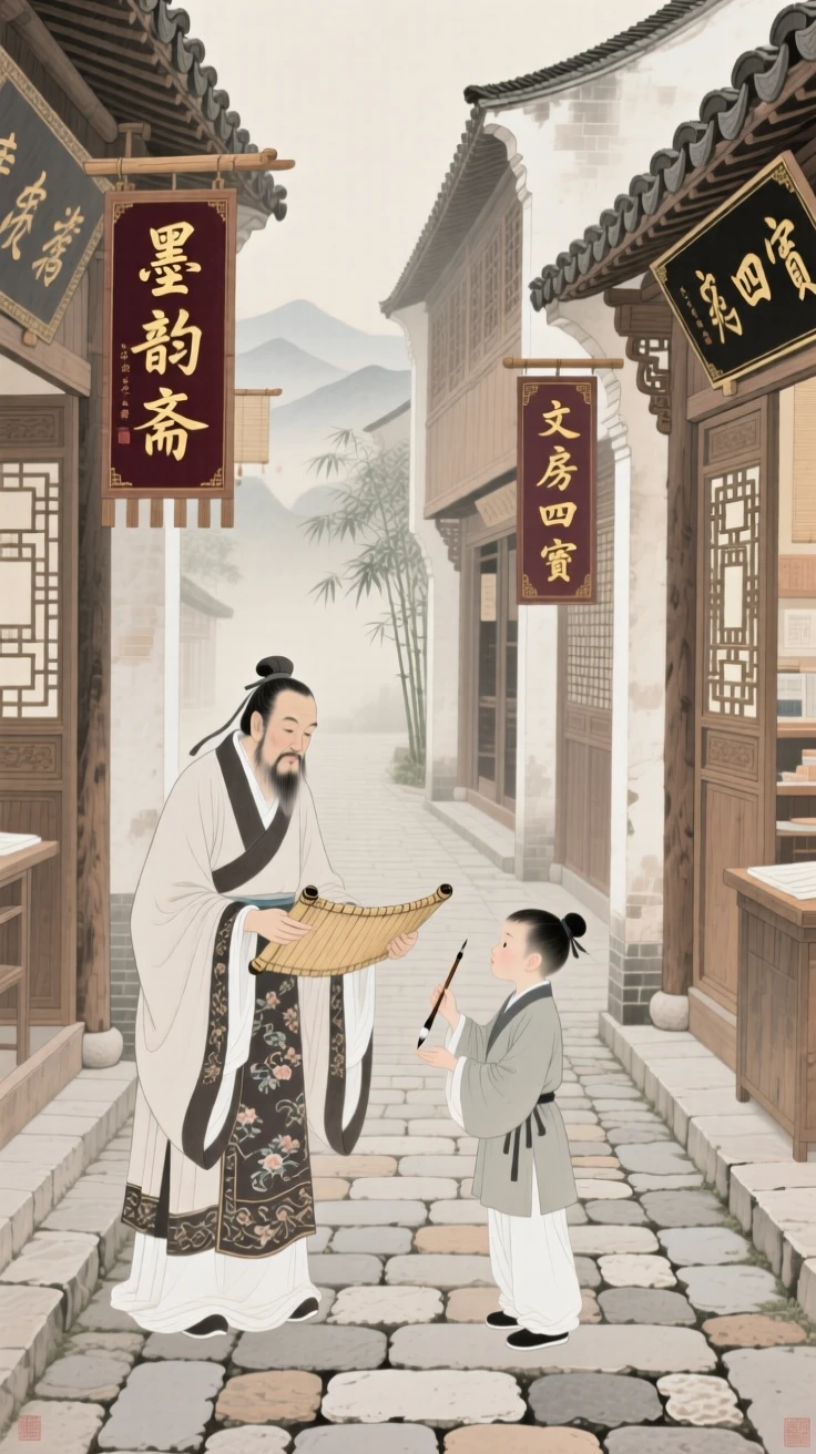 A wandering poet teaching a skill to an eager apprentice along a cobblestone street lined with shops