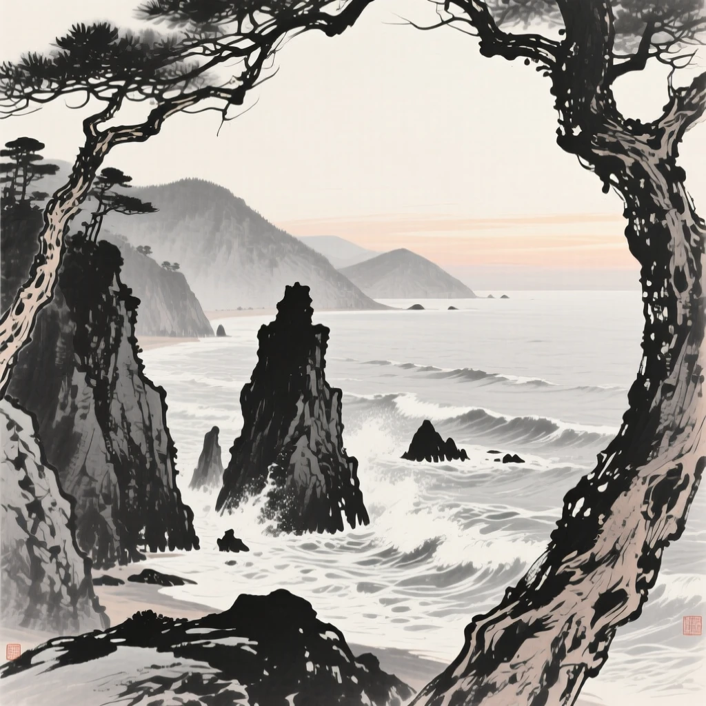 A rugged coastline where waves break against tall sea stacks at first light, when the world is still hushed and grey, framed through a gap in the trees, revealing the valley beyond, conveying calm reflection and gentle isolation.
