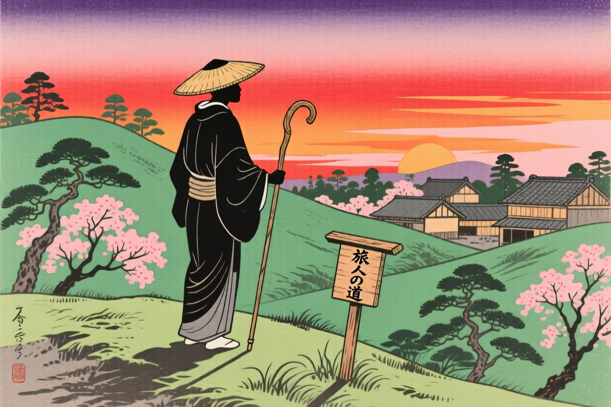 A lone traveler silhouetted against a blazing sunset, over a lush green landscape.