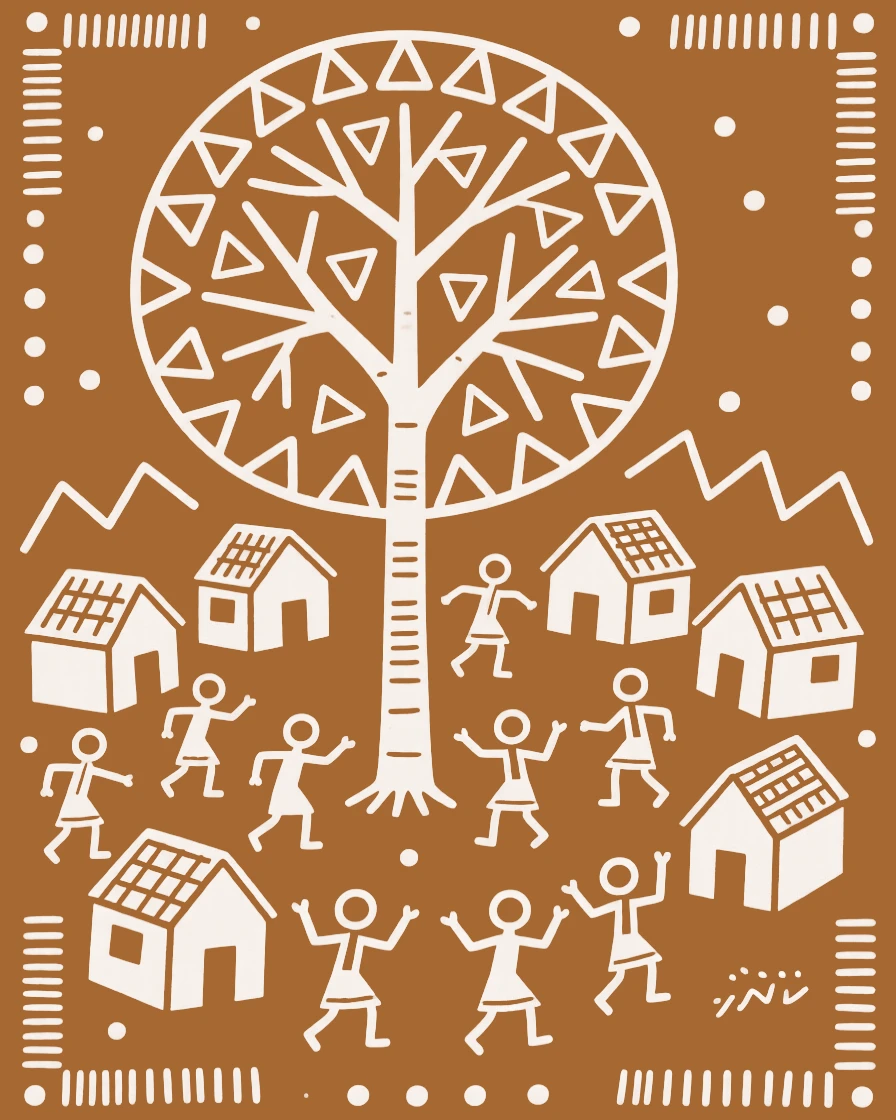 A single sacred tree standing at the center of the village surrounded by homes.