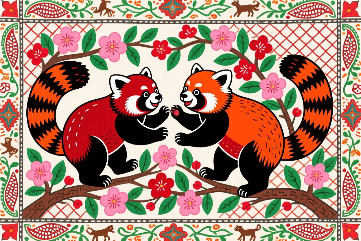 A pair of red pandas playing among blossoming rhododendron branches.