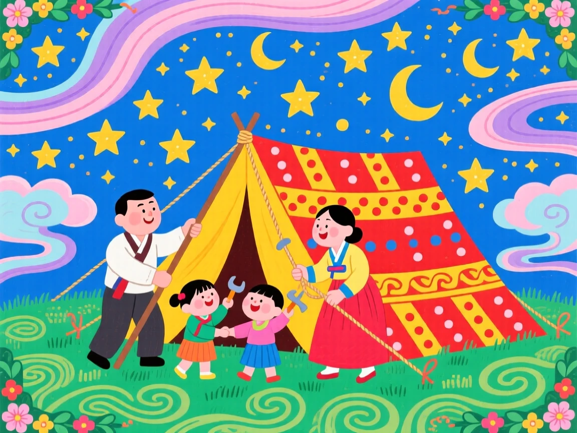 A family setting up a tent beneath a starry sky beneath a sky streaked with color.