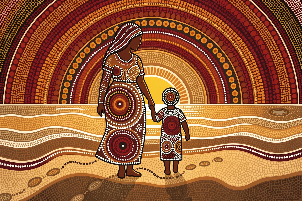 A mother and child walking along a beach at sunrise