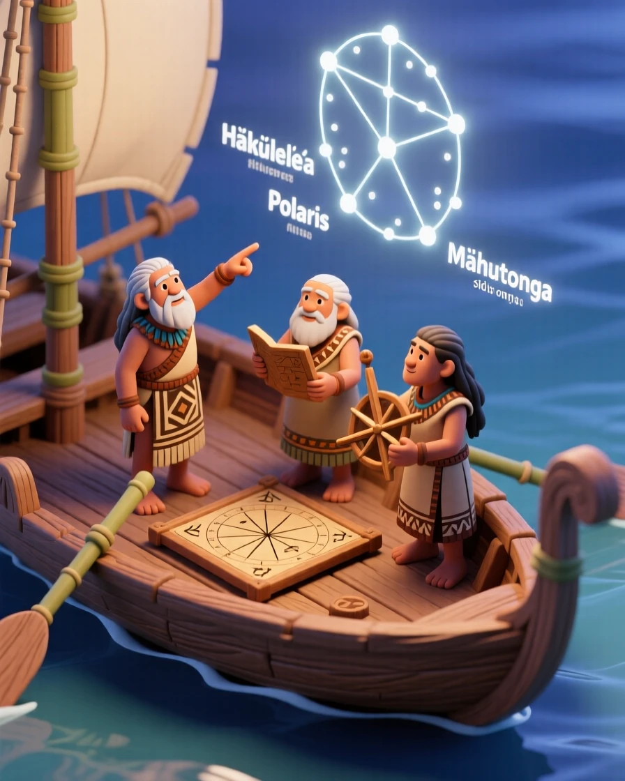 An ancient Polynesian star navigation ceremony on a canoe deck, elders reading the night sky to chart a voyage.