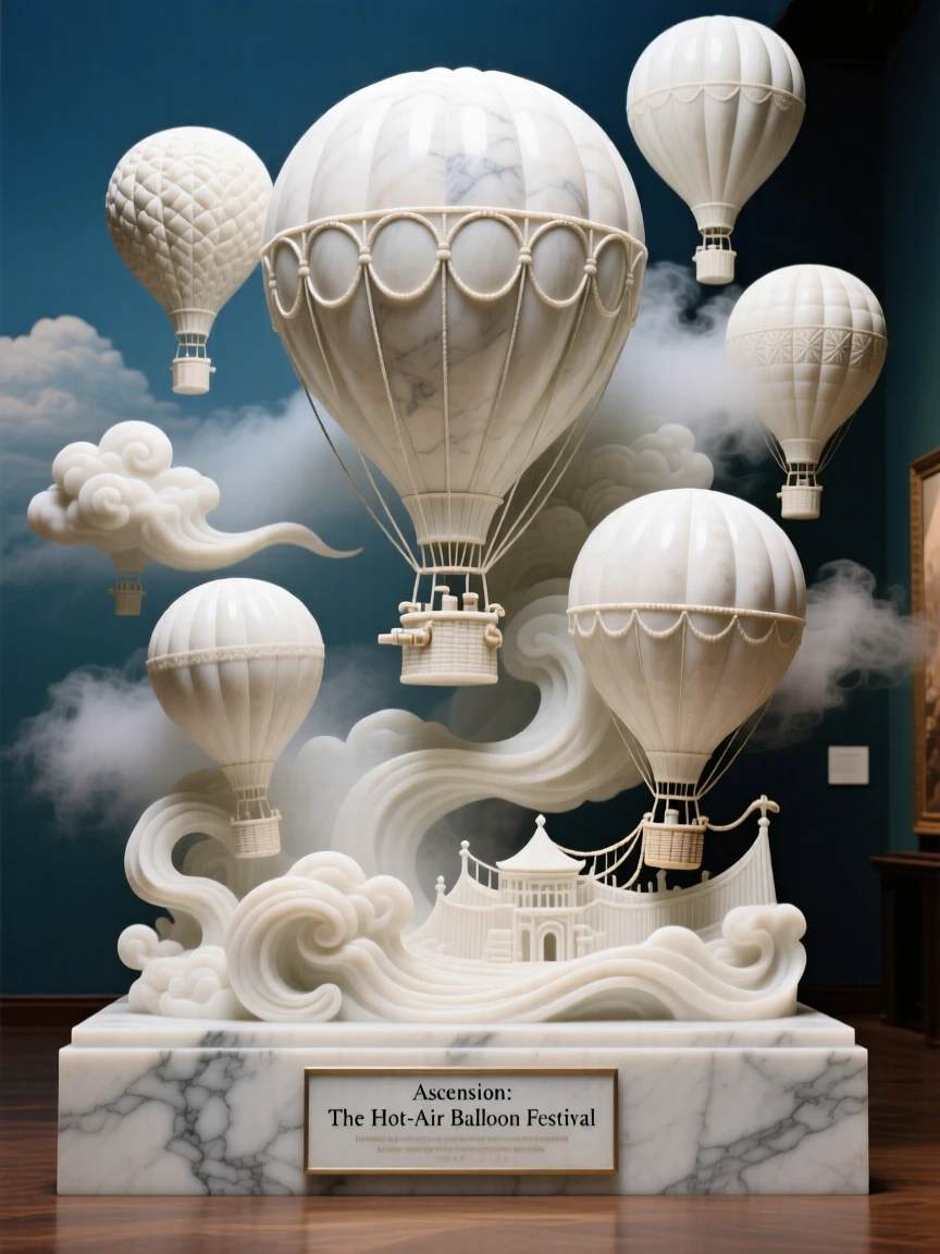 A beautifully composed image of a hot-air balloon festival filling the sky with color, amid swirling clouds and mist, full of atmosphere and visual storytelling