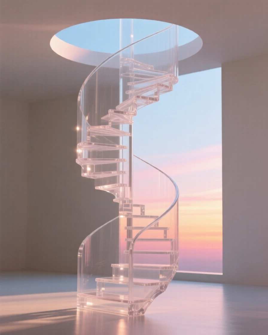 Beneath a horizon glowing with the first light of dawn, a spiral staircase ascending endlessly into a bright open sky, while a quiet stillness surrounds the entire scene