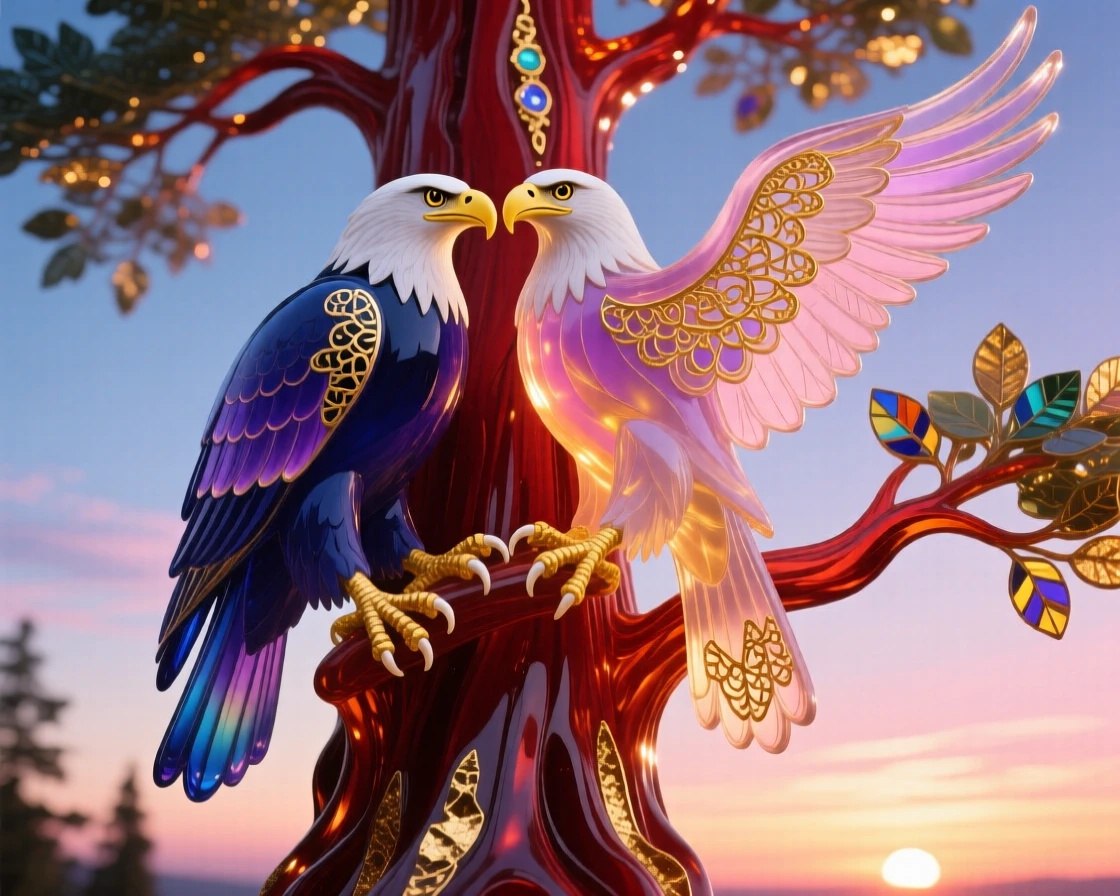 A pair of eagles nesting together atop the tallest redwood at the very crack of dawn, majestic and bonded.