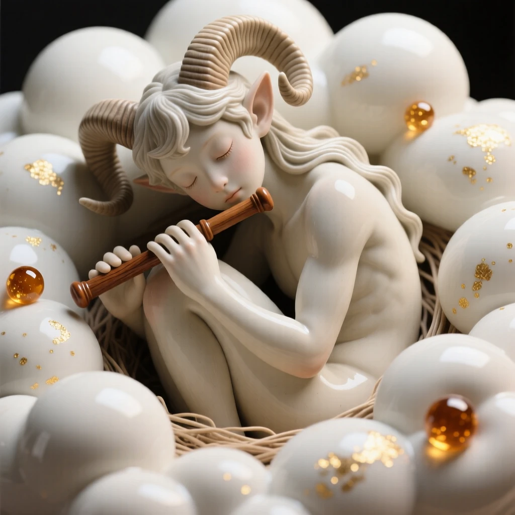A horned faun playing a wooden flute curled peacefully in a nest of clouds, surrounded by drifting motes of golden light, filling the scene with mysterious, otherworldly beauty.