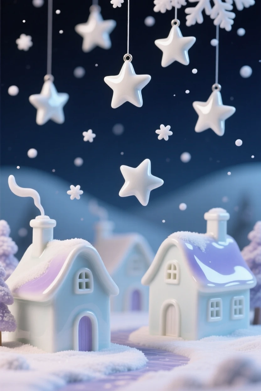 A surreal composition where stars fall softly like snow over a quiet village, the scene calm despite its impossible logic.