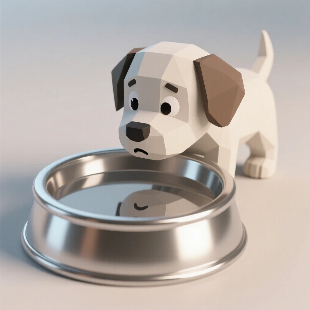 A curious puppy discovers its own reflection in a shiny silver bowl, head tilted in confusion.