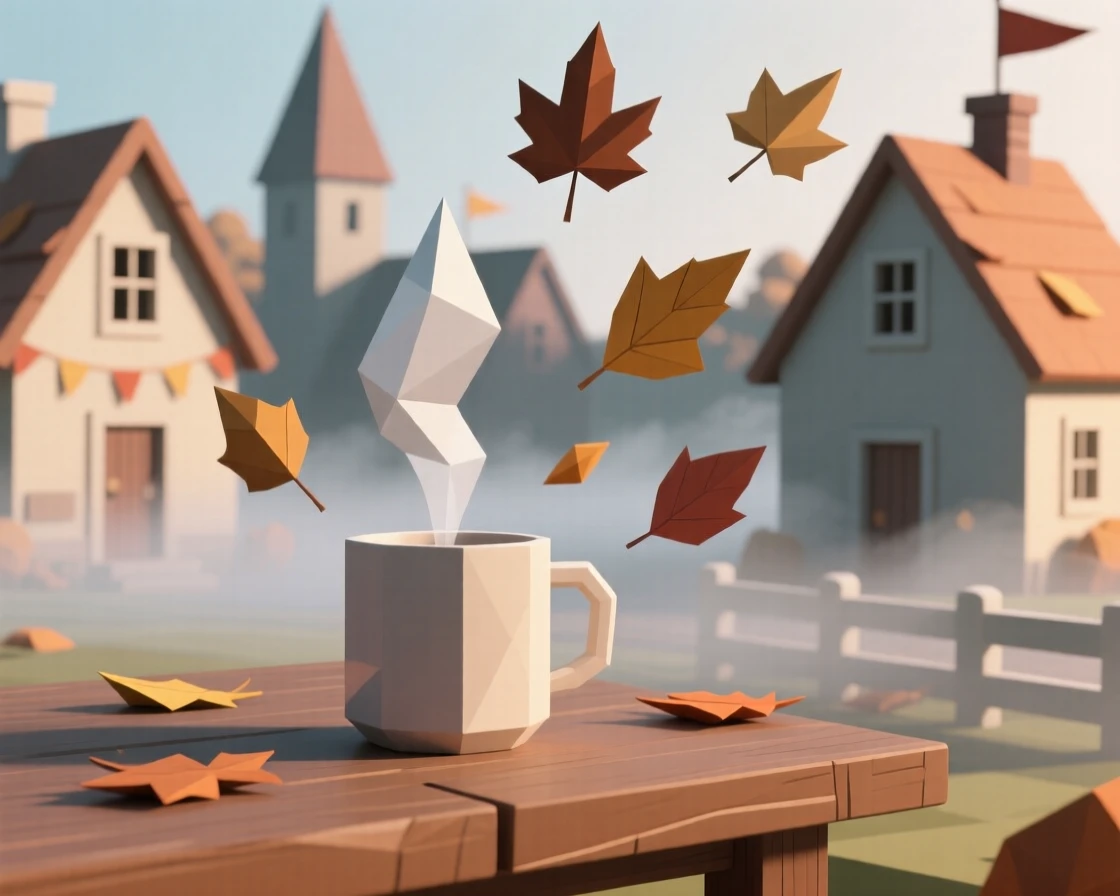 A cozy autumn scene with a steaming mug and falling leaves, as morning mist clears over a festive village. soft light and gentle shadows add depth to the scene. The moment feels magical and full of wonder.