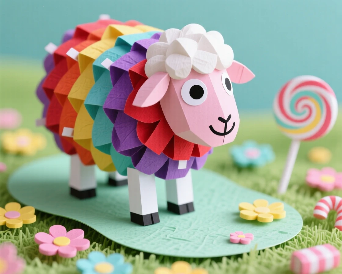 A rainbow-wool sheep creature exploring a miniature candy-colored meadow, with a comically cross-eyed expression, conveying playful, heartwarming delight.