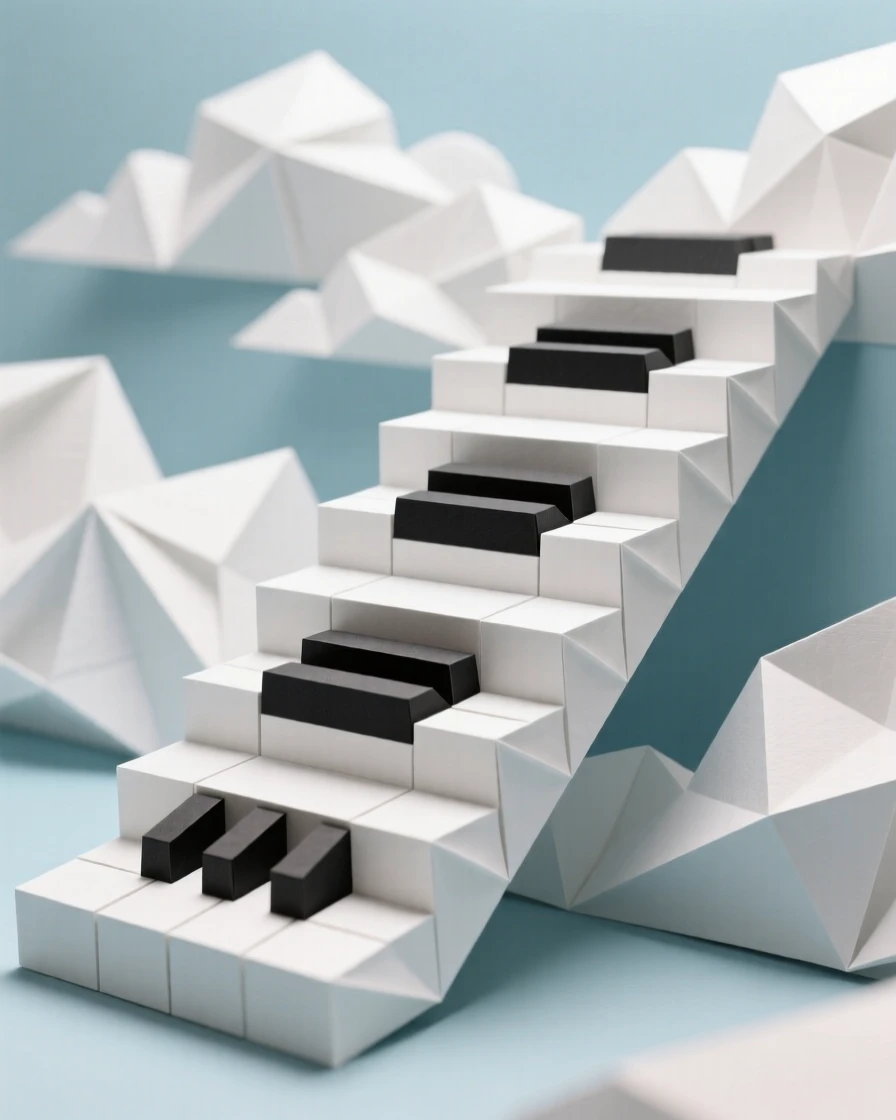 A staircase made of piano keys leading up into a cloud-filled sky.