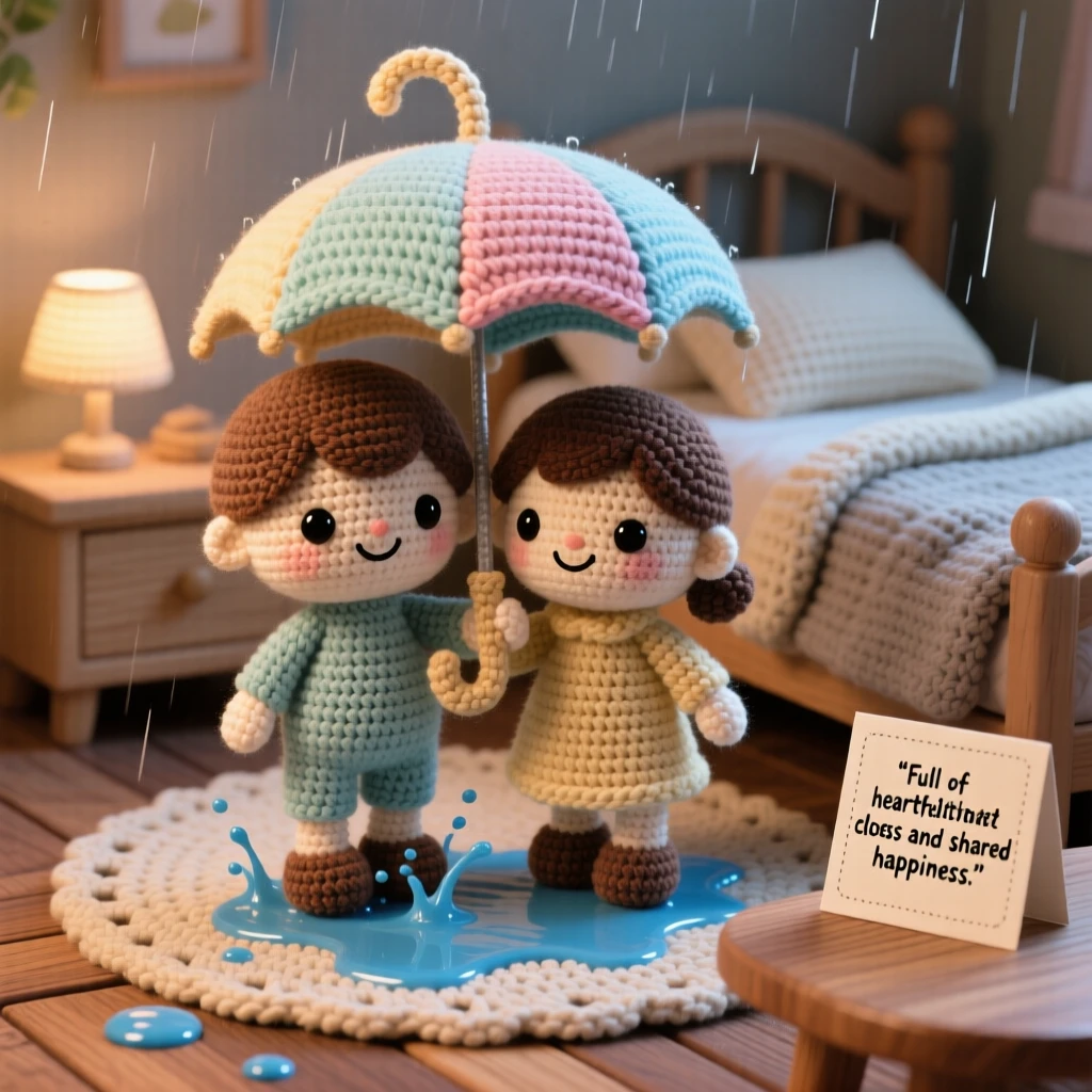 A heartwarming family moment: siblings sharing an umbrella on a rainy walk huddled close together, splashing playfully through small puddles within a cozy bedroom decorated for a good night's sleep; a handmade card resting on the table nearby, full of heartfelt closeness and shared happiness.