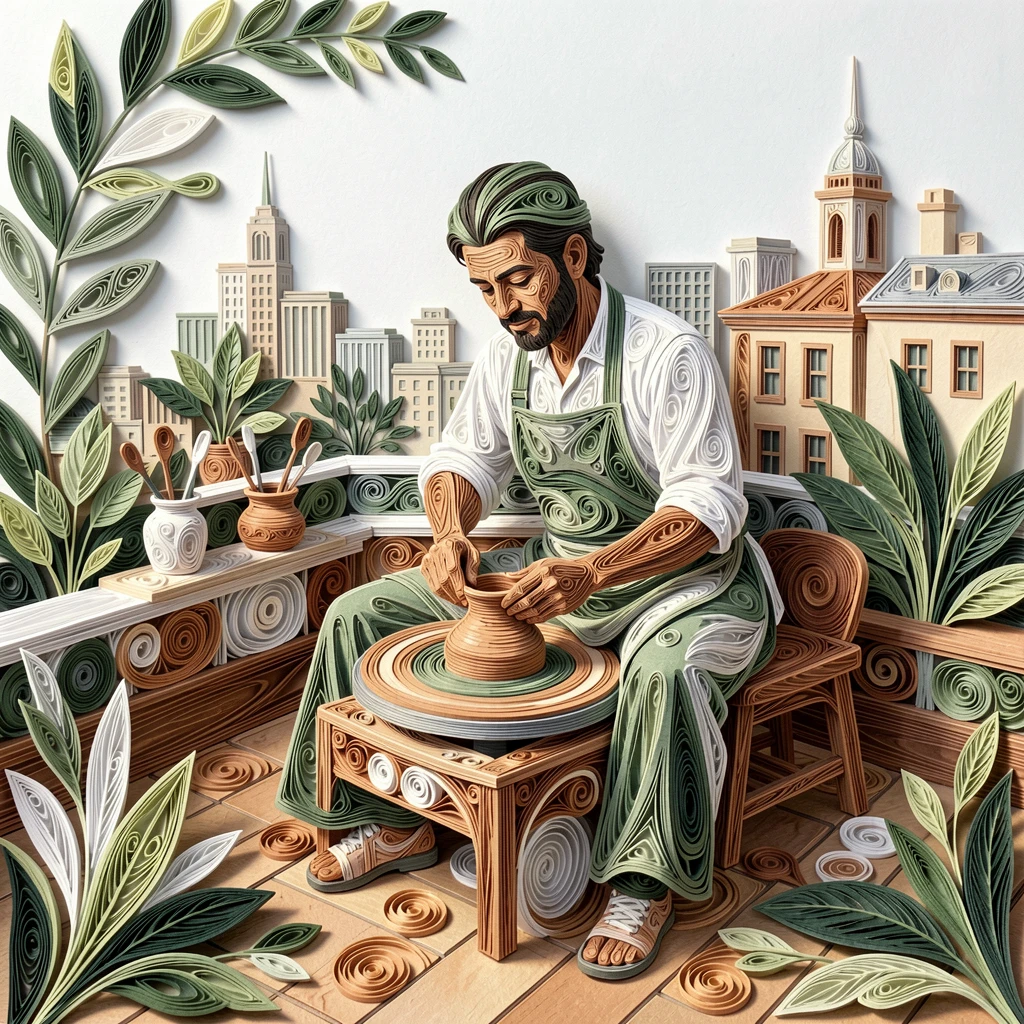 A relaxed modern lifestyle scene of a potter shaping clay on a spinning wheel on a sunlit city rooftop terrace, in a fresh palette of white, sage green, and warm wood tones, framed with a vibrant, energetic sense of movement.