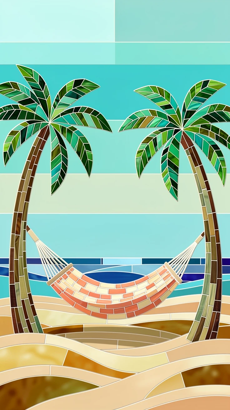 A peaceful hammock strung between two palm trees on a quiet beach.