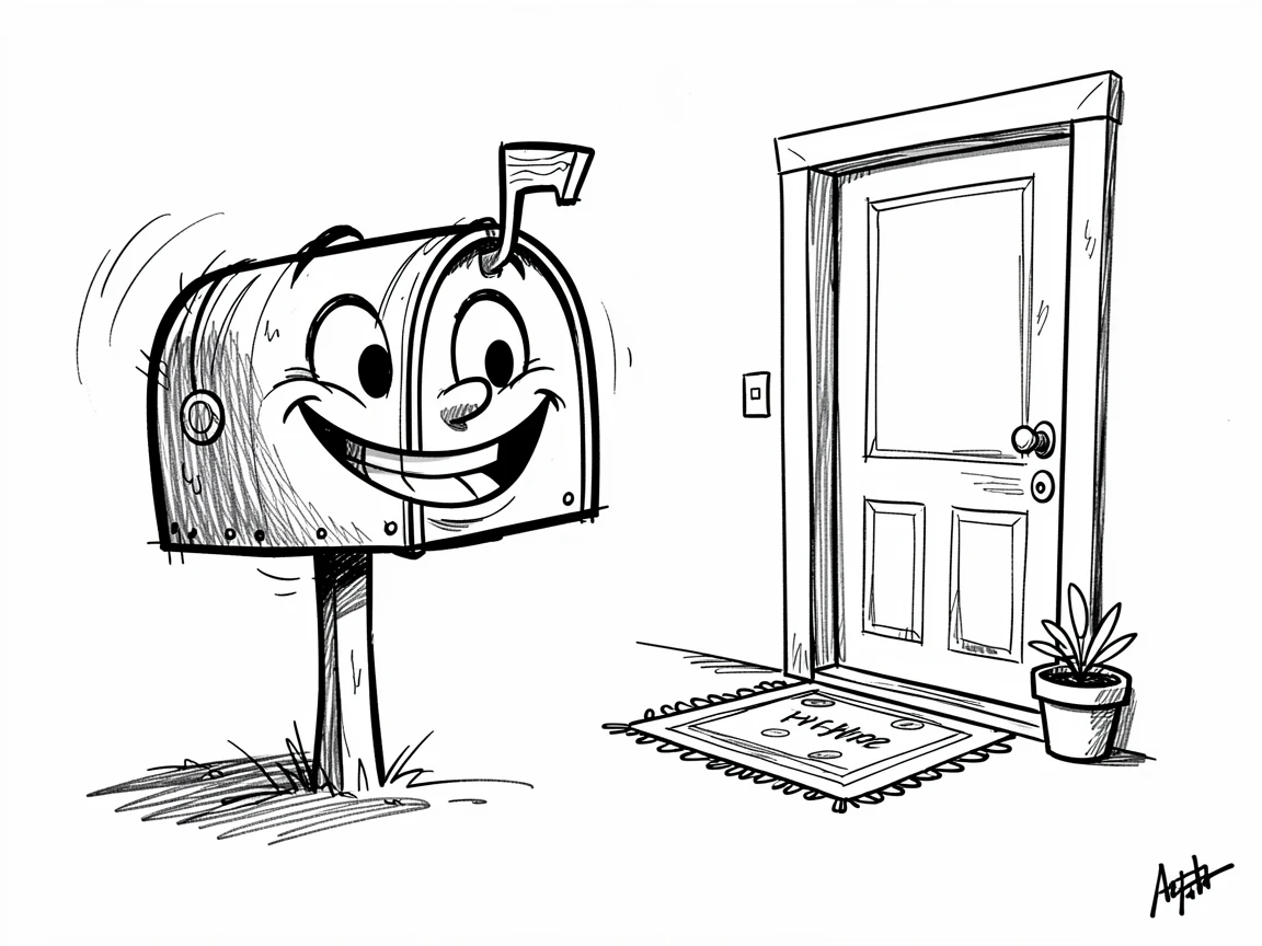 A mailbox with a big smile waiting for letters beside a front door ready for adventure.