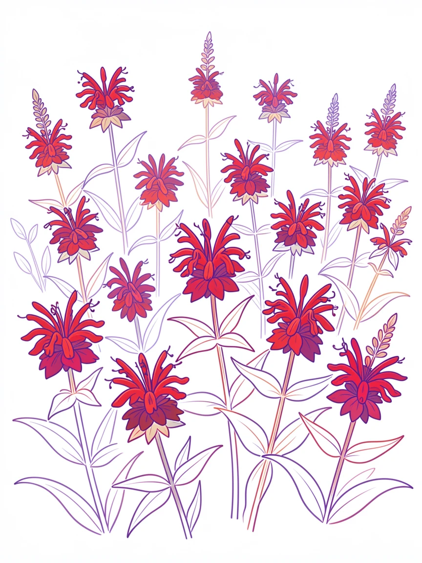 A field of wild bee balm blooming in vivid shades of red and purple.
