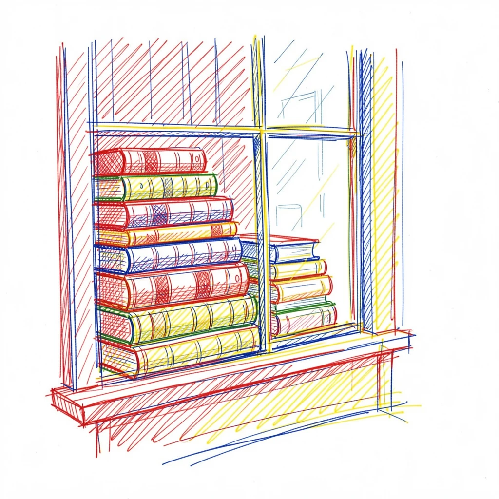 A vintage bookstore window filled with stacks of old leather-bound books