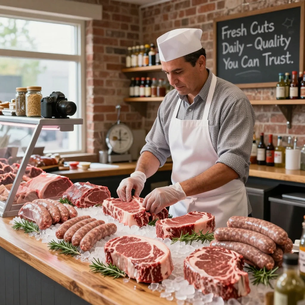 A butcher preparing a display of fresh cuts