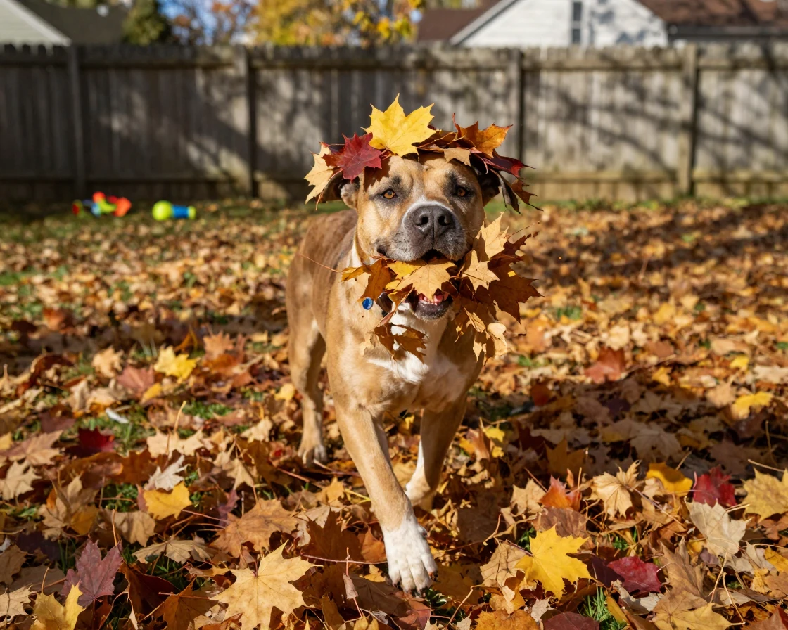 A dog buries its face in a pile of fallen leaves and comes up wearing them like a hat.