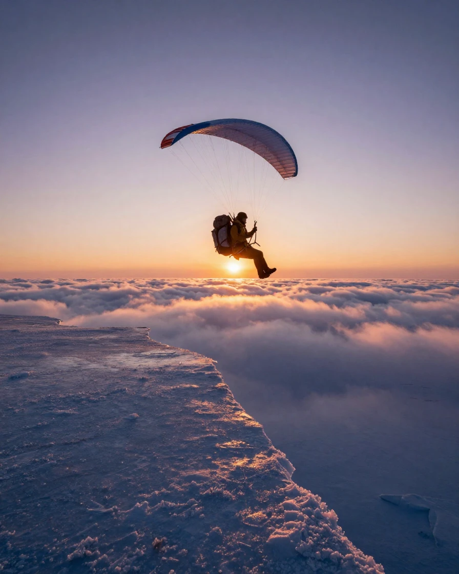 A solo backpacker gliding above the clouds at sunrise along the edge of a vast icy plain
