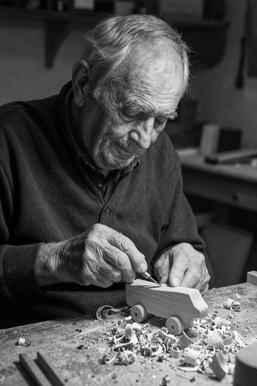 A grandfather whittles a small wooden toy beside a pile of wood shavings.