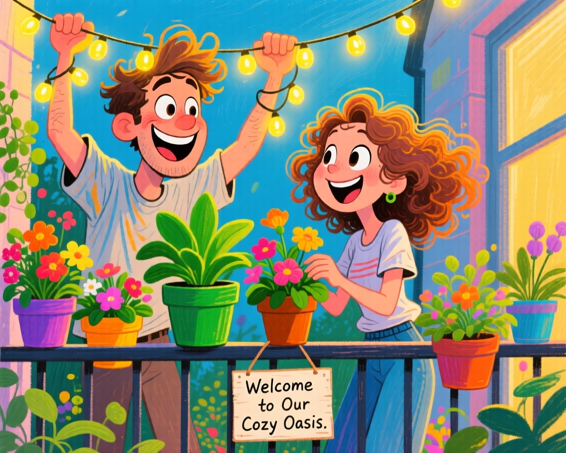 A couple decorating a small balcony garden with string lights and potted plants.