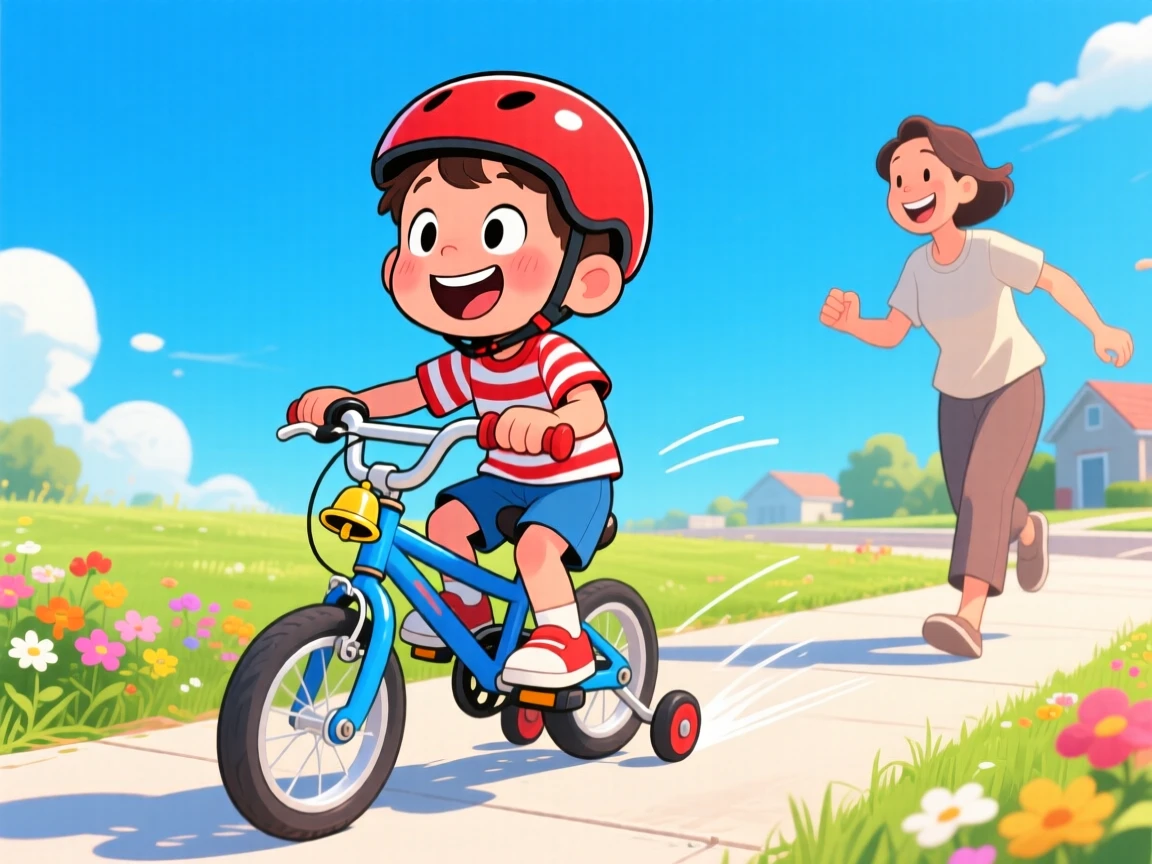 A playful childhood moment of a little boy riding a bike for the very first time, under a bright and cloudless summer sky.