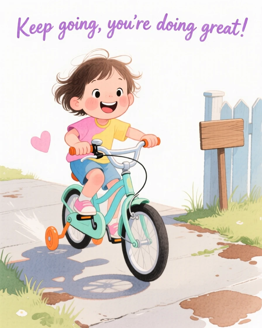 A heartwarming scene of a child riding a bicycle with training wheels down a driveway