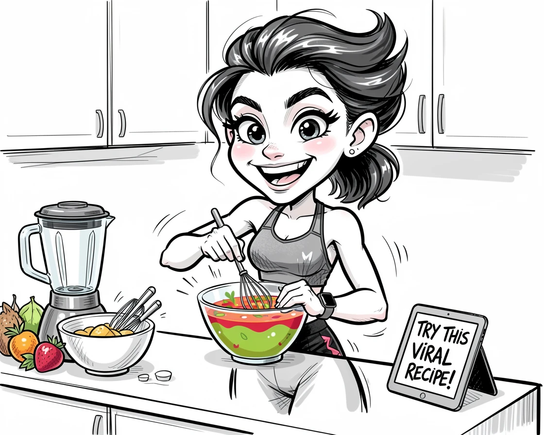[Trending & Universal Topics] Modern lifestyle scene of a trendy home fitness enthusiast trying out a viral recipe in the kitchen, capturing everyday joy