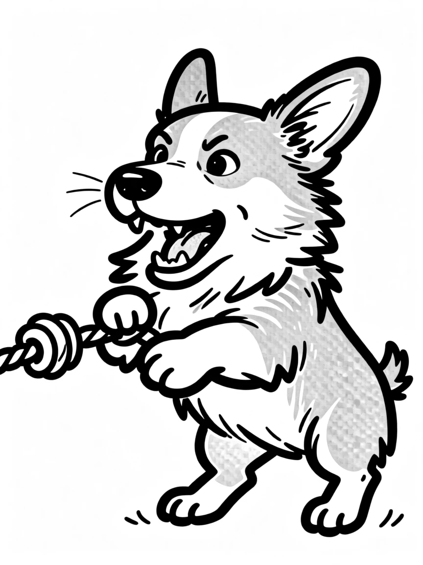 A fluffy corgi playing tug of war with a rope toy, back paws braced and determined.