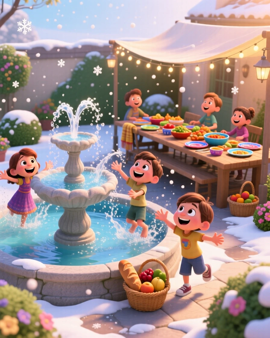 Children splashing in a fountain on a hot summer day happens at a long table set with a holiday feast, with soft snow drifting gently down. A bright, merry energy fills the entire scene.
