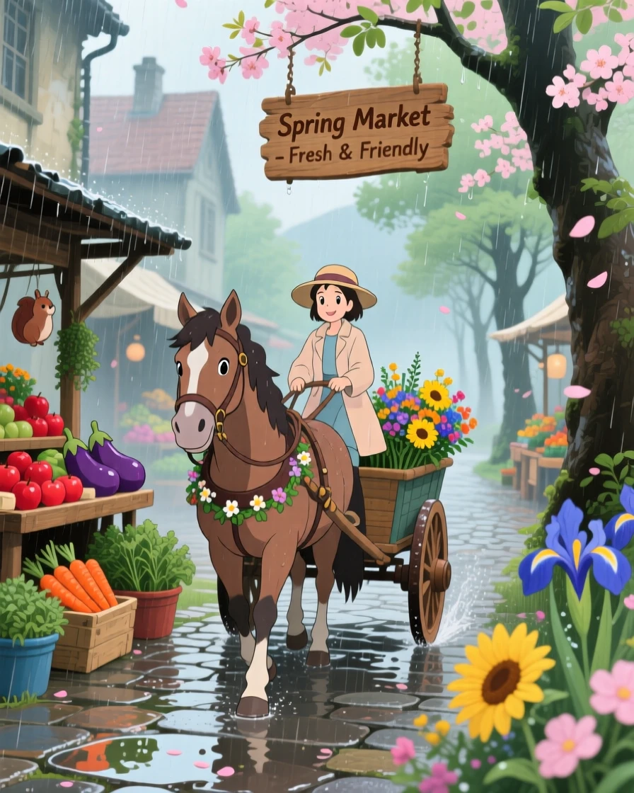 A market day with stalls of fresh produce and flowers, with a horse-drawn cart trundling down the lane, during a light spring shower.
