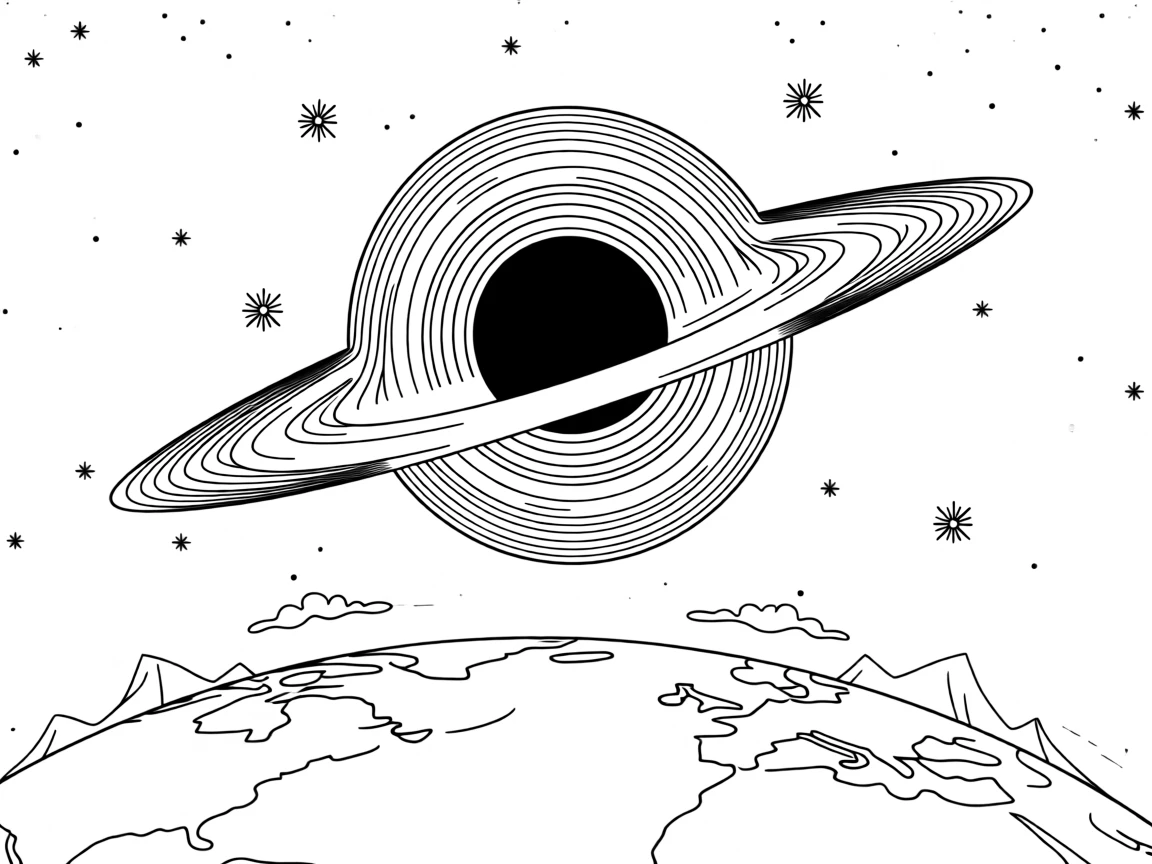 A black hole bending light around a field of stars, with the curve of a planet visible on the horizon.