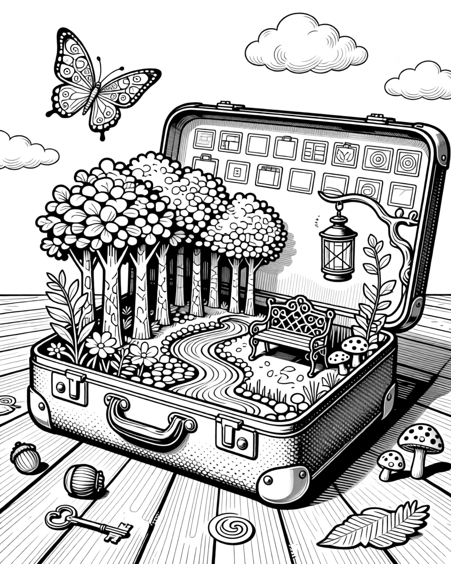 A vintage suitcase open with a miniature landscape blooming inside.