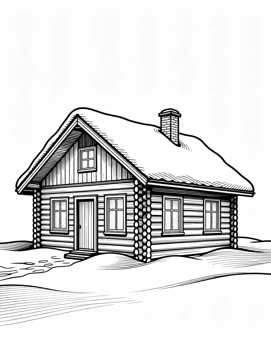 A snow-covered cabin with warm light glowing from its windows