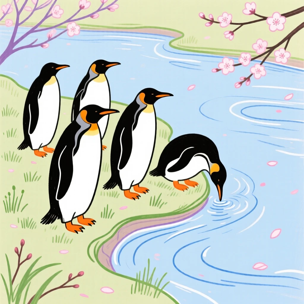 A group of penguins grazing along a quiet riverbank in early spring.