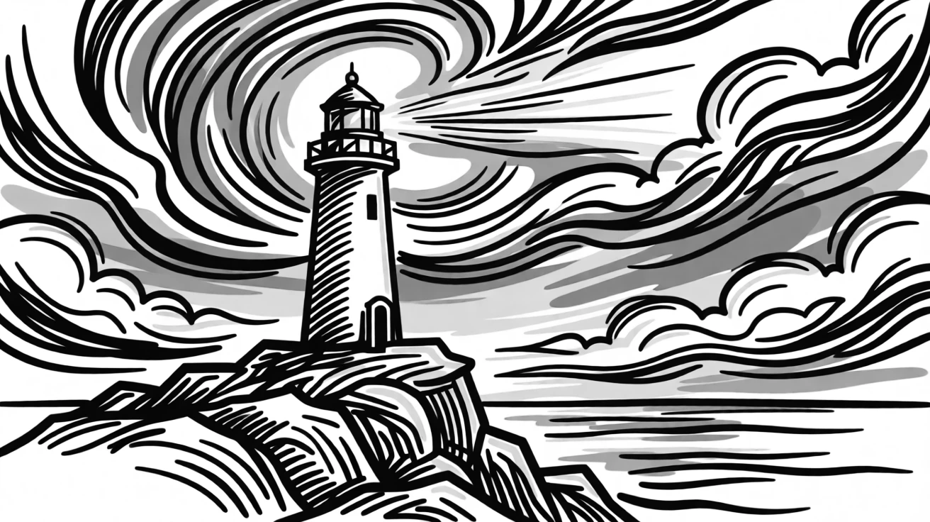 A single lighthouse standing resilient on a rocky point during a sunset storm.