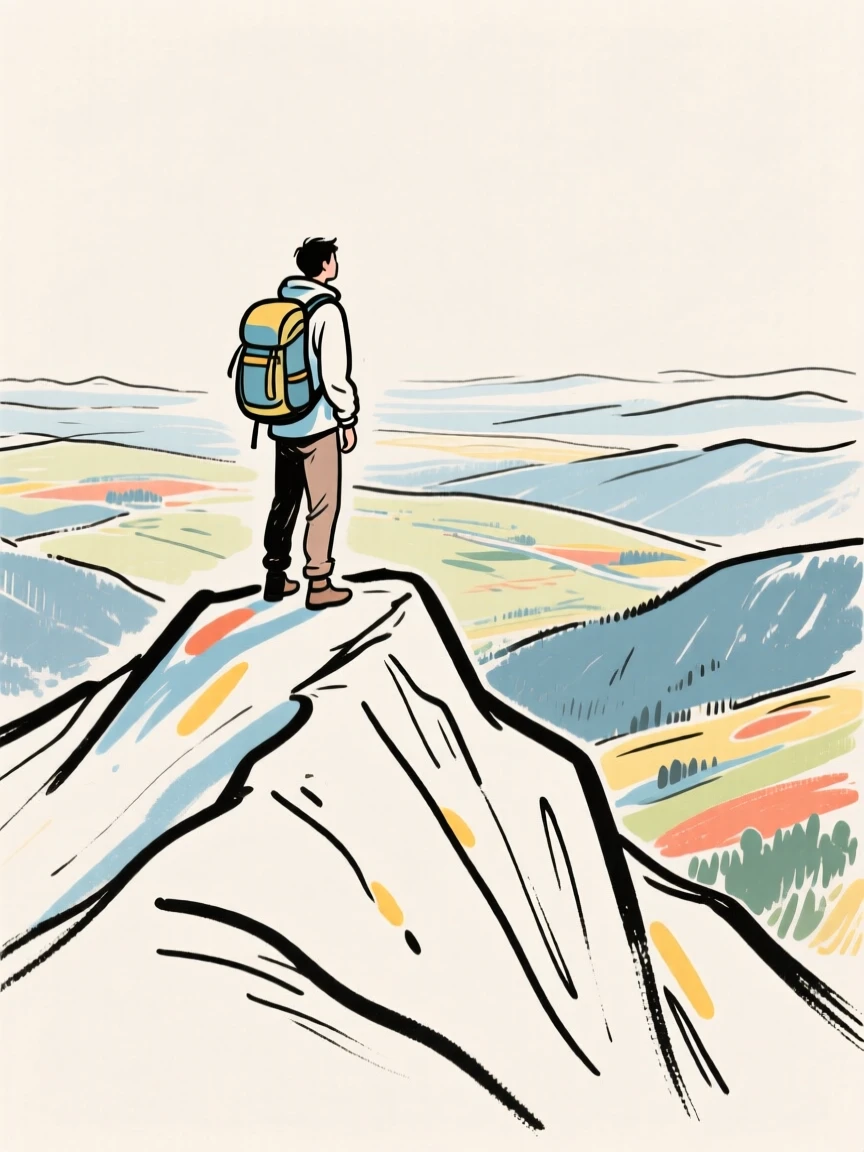 A backpacker standing atop a mountain ridge overlooking a vast valley.