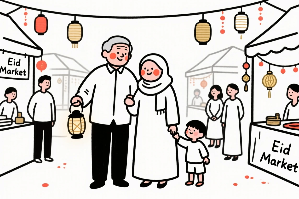 An elderly couple celebrating Eid with family, at a bustling holiday market.