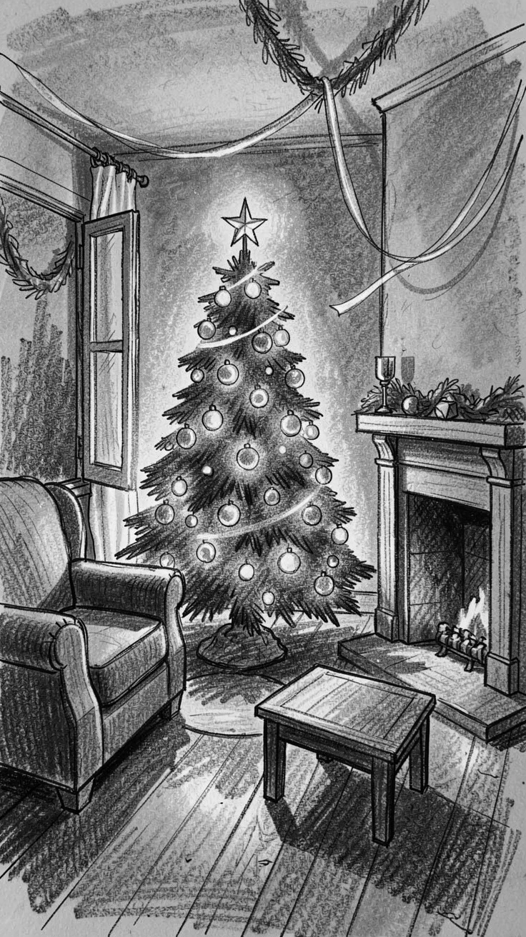 A cozy living room decorated for Christmas with a glowing tree, with a light breeze stirring the surroundings.