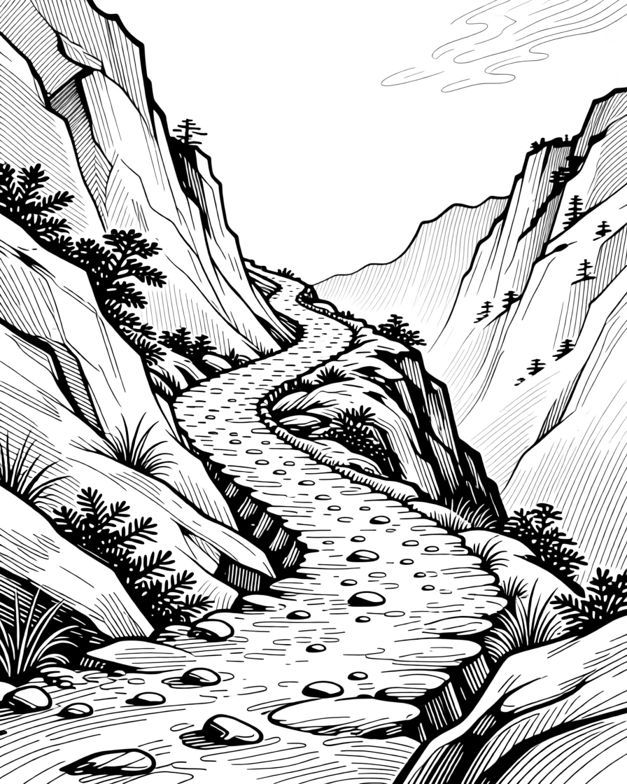 A winding mountain trail leading upward toward a bright horizon.