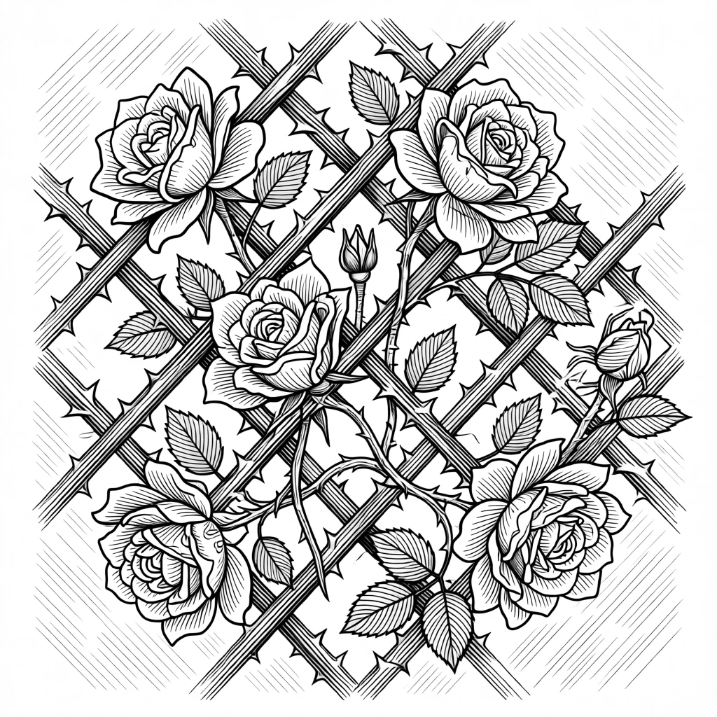 A lattice of climbing roses and thorns centered as a striking focal ornament, with delicate details layered at every scale, forming a richly ornamental decorative composition.