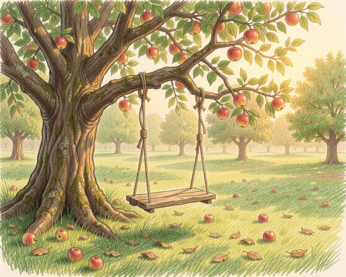 A rustic countryside orchard swing hanging from an old apple tree, bathed in the warm glow of golden-hour light, evoking warmth, beauty, and a lasting sense of wonder.
