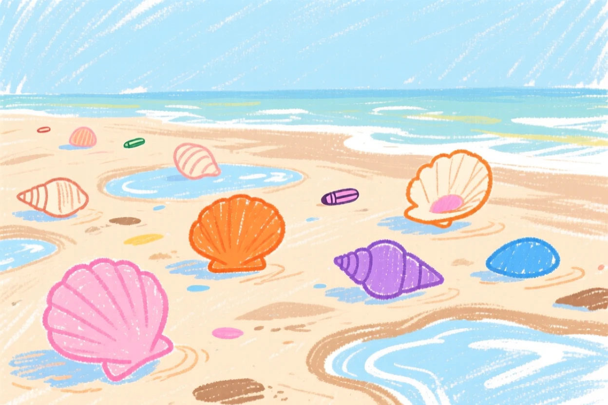 Seashells scattered along the wet sand of an empty beach.