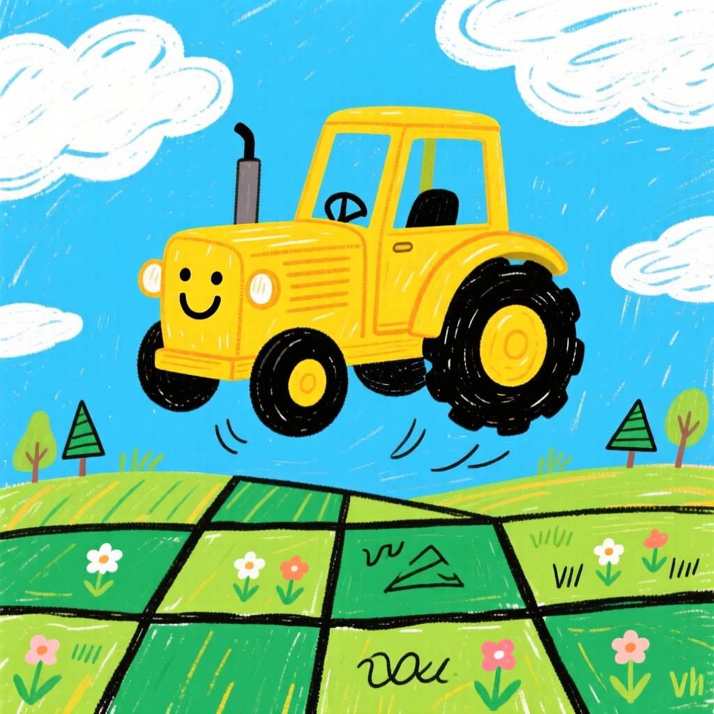 A sturdy yellow tractor floating above a patchwork of green fields.