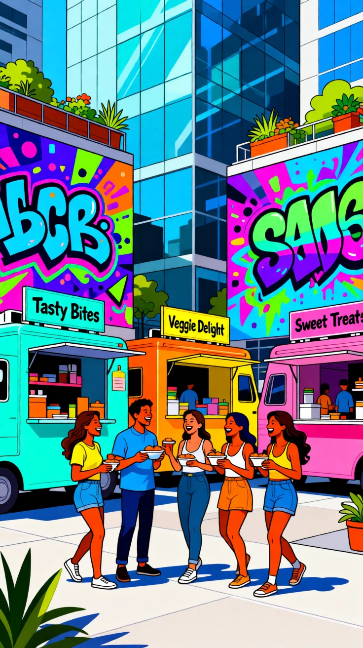 A group of friends enjoying a colorful food truck festival, surrounded by colorful street art and modern architecture, composed with a candid, lifestyle-magazine feel, with vibrant, trendy colors that feel fresh and current.