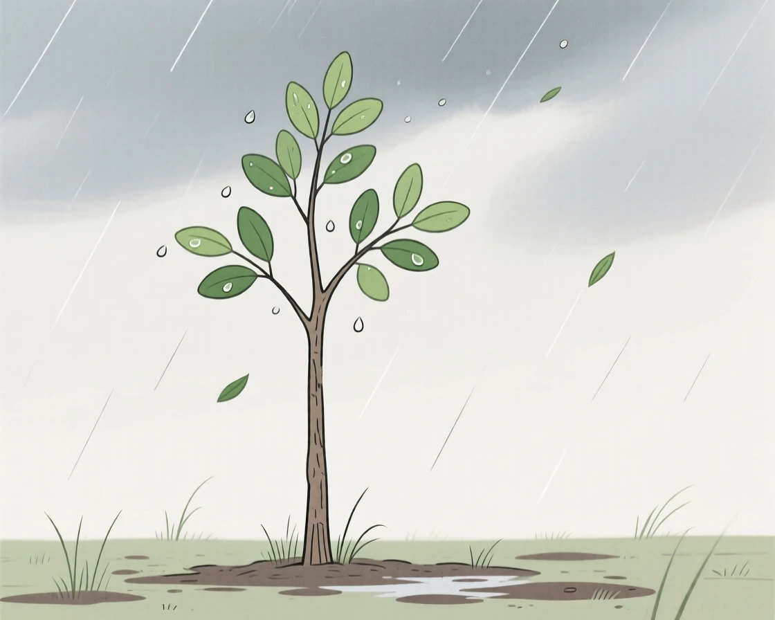 A young tree standing strong and upright after a passing storm.